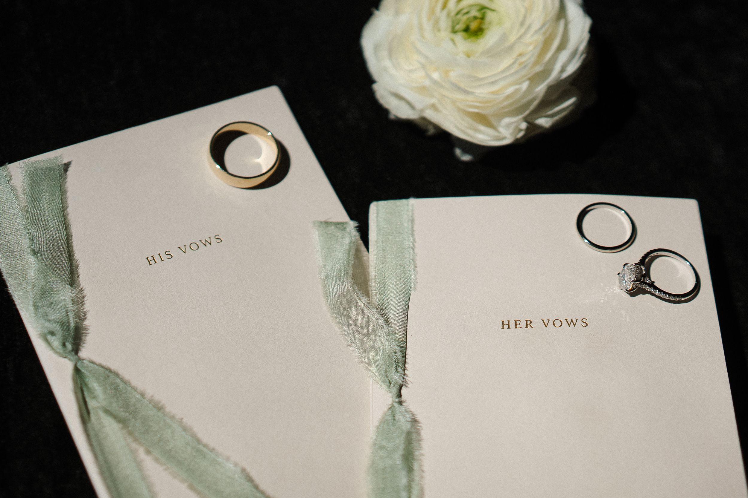 Wedding rings placed on torn white vows cards with a delicate white ranunculus flower against dark background.