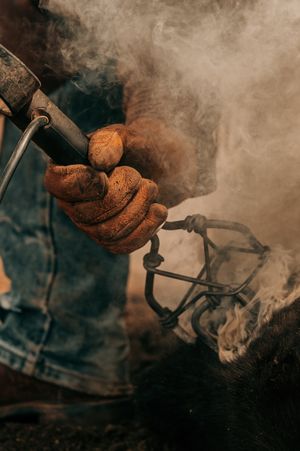 Close-up of leather gloved hands working with ropes in smoky atmospheric lighting.