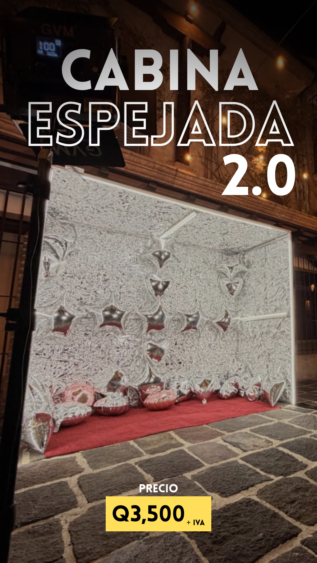 Renta de cabina espejada Guatemala con fondo elegante e instagrameable