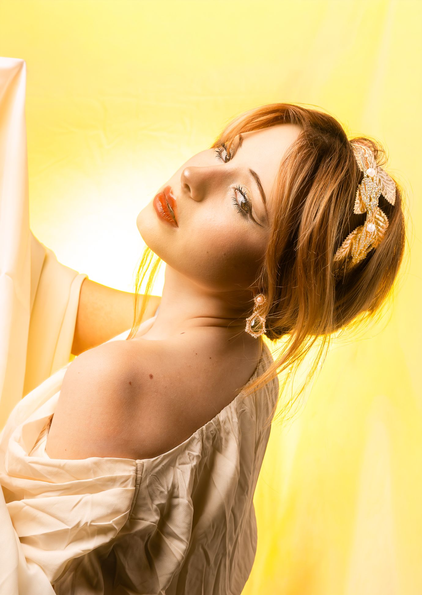Aphrodite, Goddess of Love, Beauty, Pleasure, Passion & Procreation, sun multi-colour background, girl looking at camera