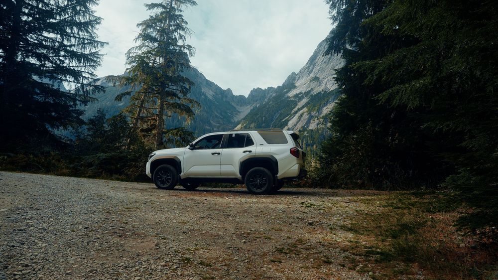 Panoramic mountain vista with white car parked among evergreens and rocky terrain.