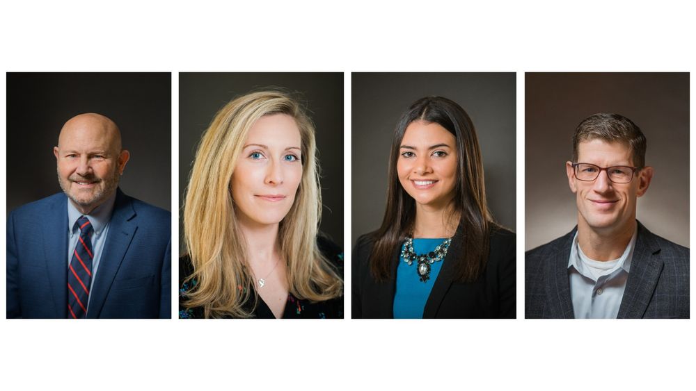 Professional headshot collage of four business people against dark backgrounds.