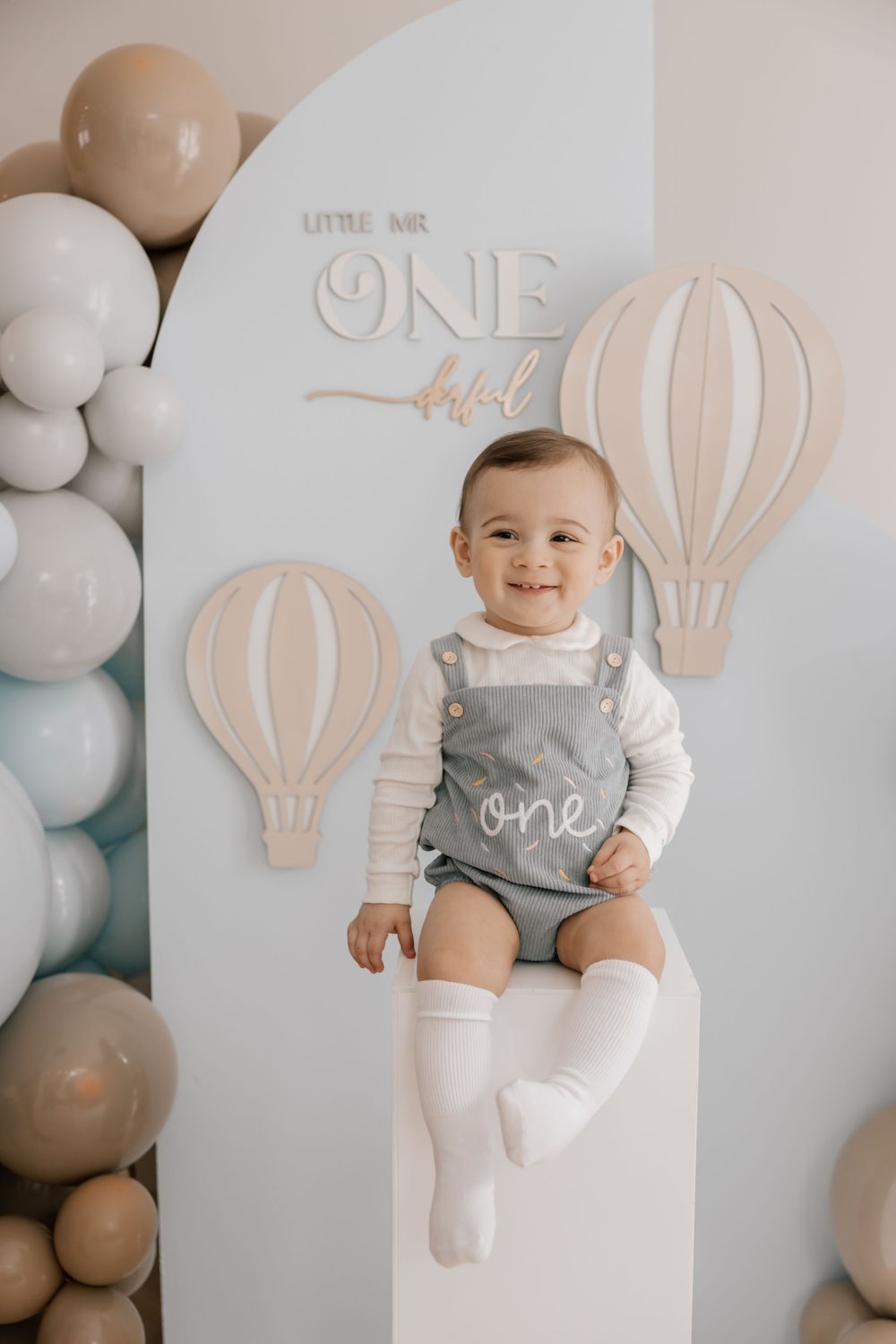 First birthday photo shoot with neutral balloons and hot air balloon decor featuring baby in gray and white outfit.