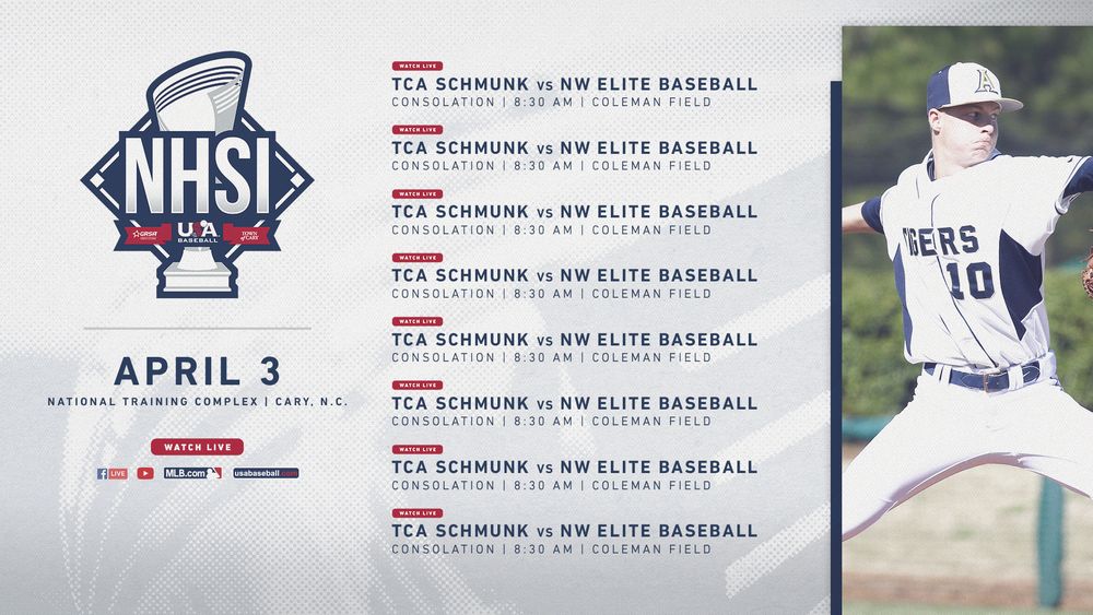 NHSI April 3 schedule graphic showing TCA Schmunk vs NW Elite Baseball games at Coleman Field.