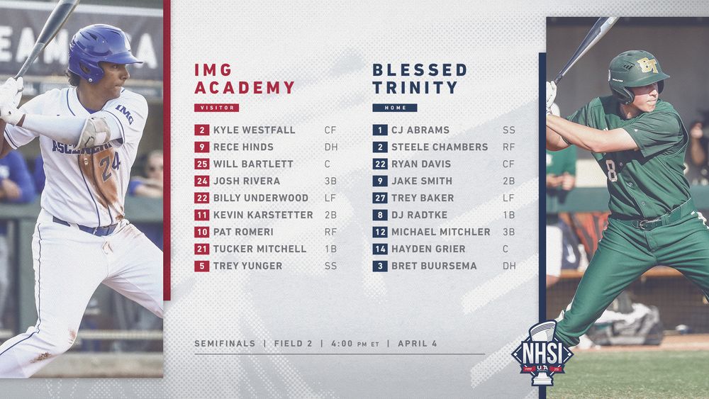 IMG Academy vs Blessed Trinity semifinal matchup graphic for the NHSI USA Baseball Championships.