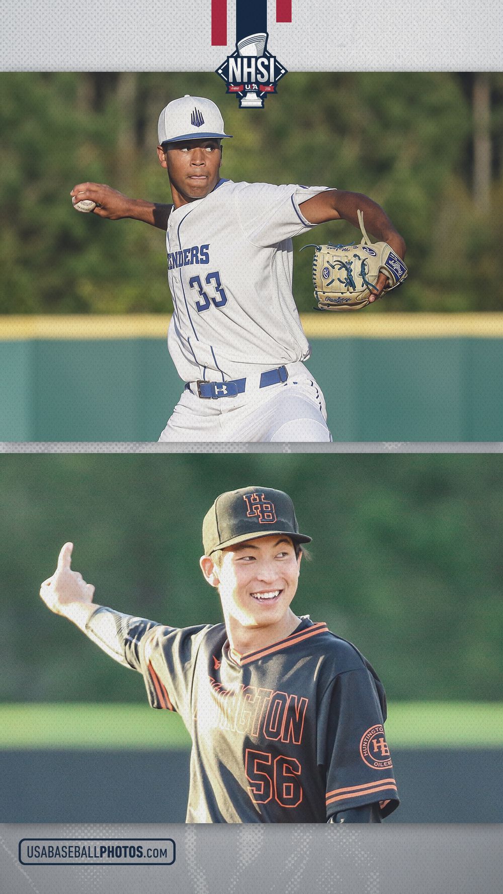 Two NHSI baseball players, numbers 33 and 56, featured in a USA Baseball Photos collage.