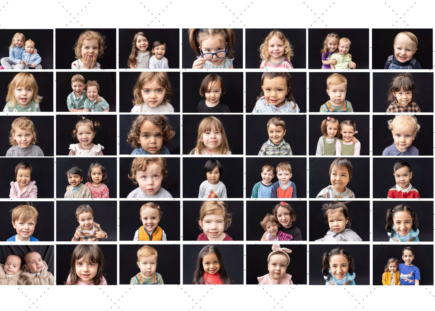 A photo collage grid showing multiple candid portraits of children in casual settings with various expressions and poses.