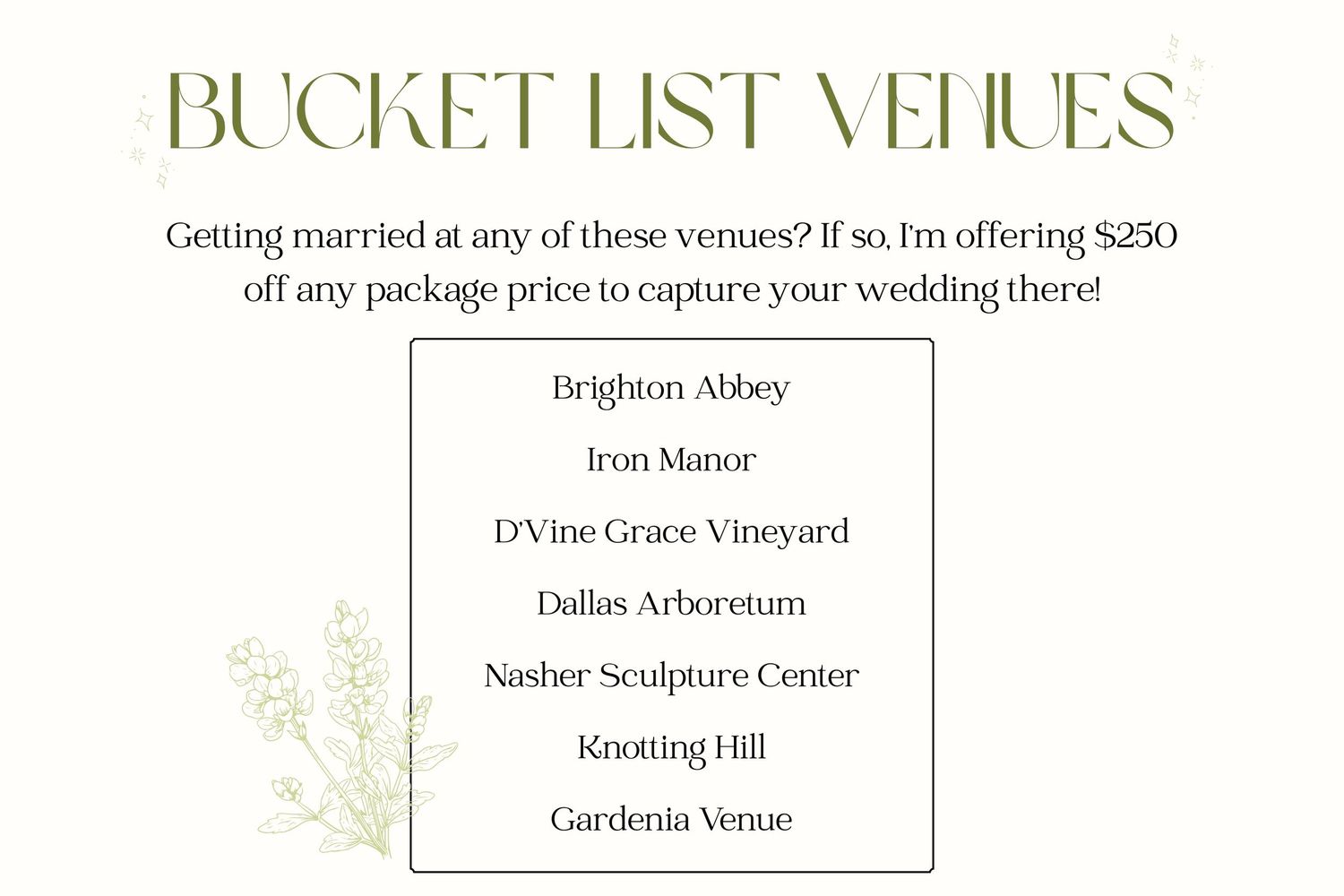 Bucket List venues include: Brighton Abbey, Iron Manor, D'Vine Grace, Dallas Arboretum, Nasher Sculpture Garden, Knotting Hill, and Gardenia