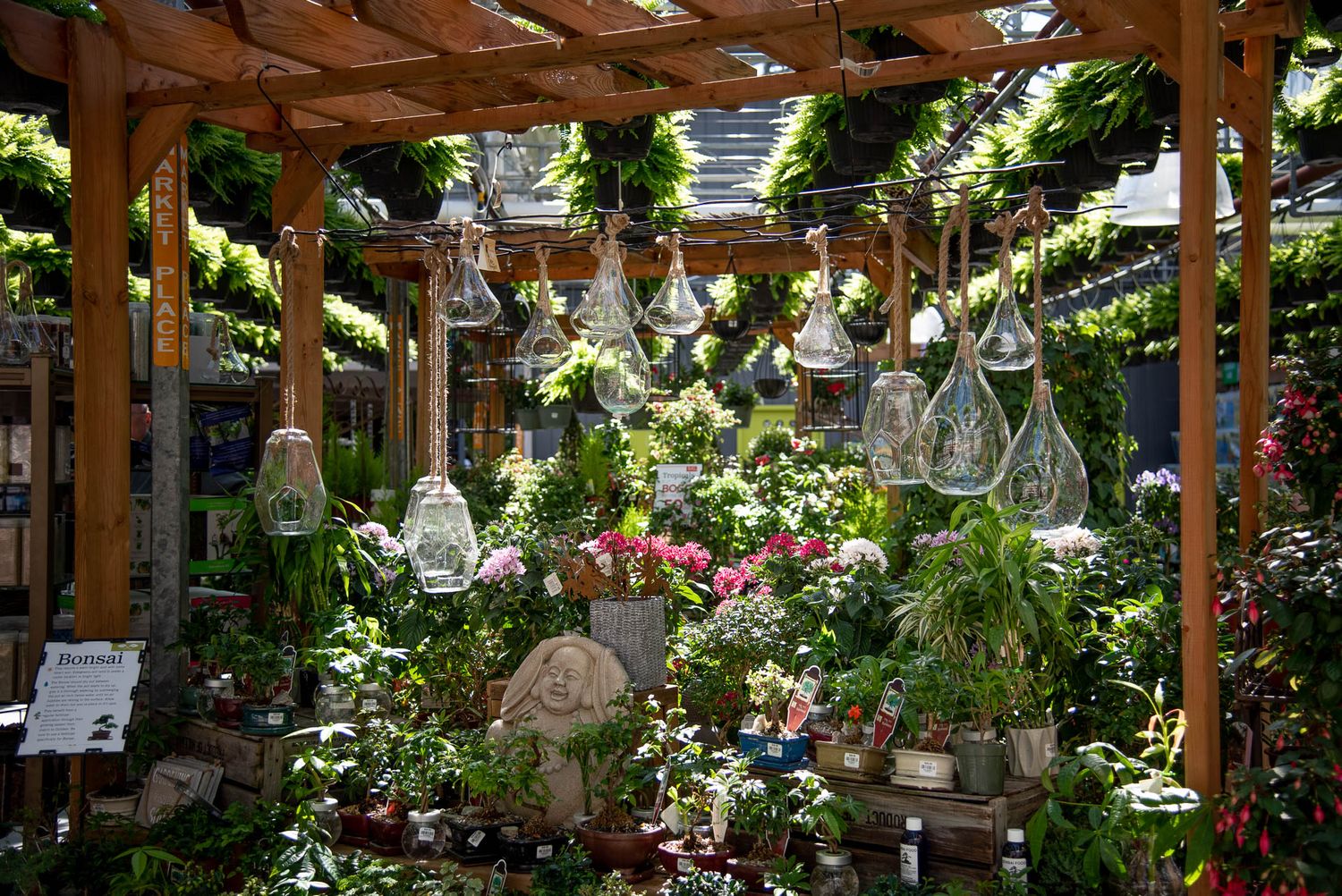 Glass terrariums and hanging planters decorate a wooden pergola filled with colorful flowers in a lush garden display.