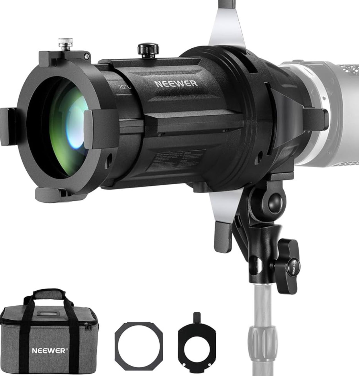 Professional lighting mount lens attachment with carrying case and accessories for photography equipment setup.