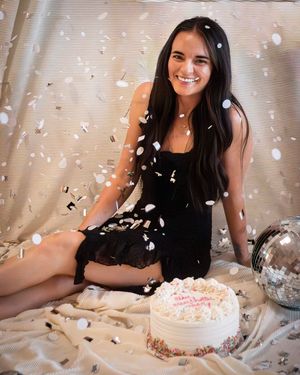A collage of photos showing someone posing with confetti and sprinkles during a glamour photoshoot celebration.
