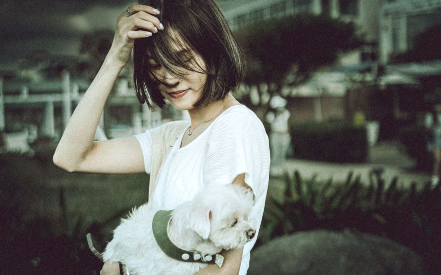 White dog being held by owner in white shirt outdoors.