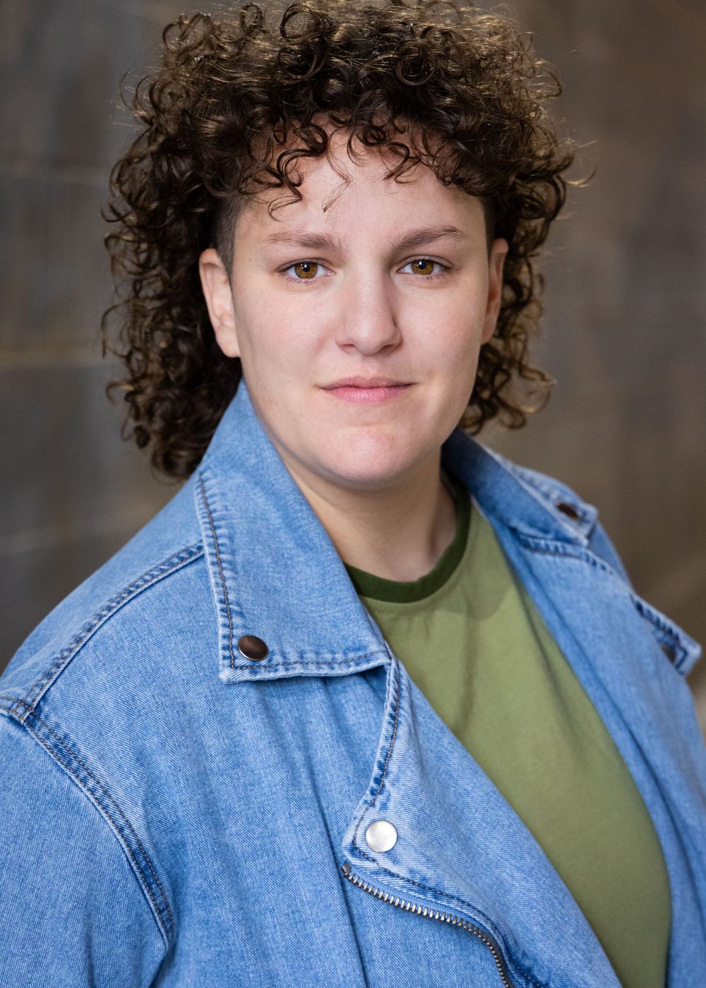 Professional headshot series showing person in denim jacket and olive green shirt against dark background.