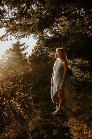 a woman stands admiring the golden light streaming through the pines of western North Carolina