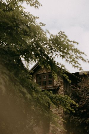 a stone home peeks through the leaves of a tree growing in front of it