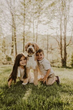 two children on either side of their beloved dog in lush green grass as the sun shines behind them