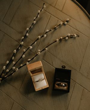 rings in ring boxes on a patterned background with pussy willow blooms alongside of it
