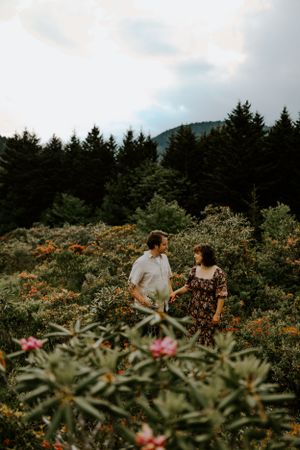 a couple roams to find one another in the rhododendrons on the blue ridge parkway in Western North Carolina just outside of Asheville
