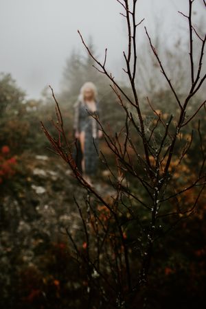 a blurred woman in the background of a foggy scene captured on the blue ridge parkway in Western North Carolina just outside of Asheville