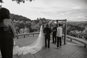 a father gives away his daughter at the alter for her wedding on a large deck overlooking the Blueridge mountains