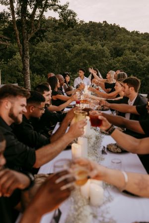 a long table set with guests who are toasting a newlywed couple in the mountains of Western North Carolina
