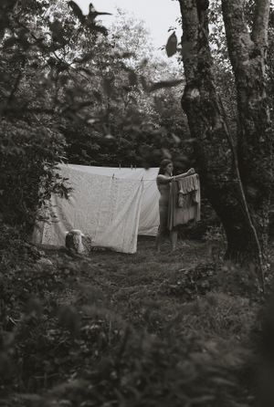 a black and white photo of laundry hanging up in the woods in Western North Carolina near Asheville