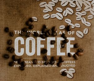 coffee beans spread out over a book with the word coffee on the front page in Western North Carolina just outside of Asheville