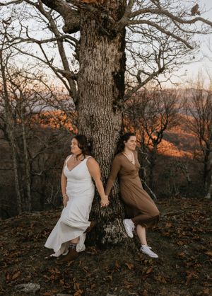 two brides leaning against a tree holding hands on the mountaintop in Western North Carolina near Asheville North Carolina