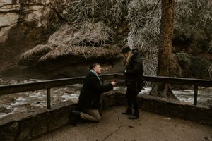 a man proposes to his girlfriend on an icy morning by a waterfall in the mountains of Western North Carolina near Asheville