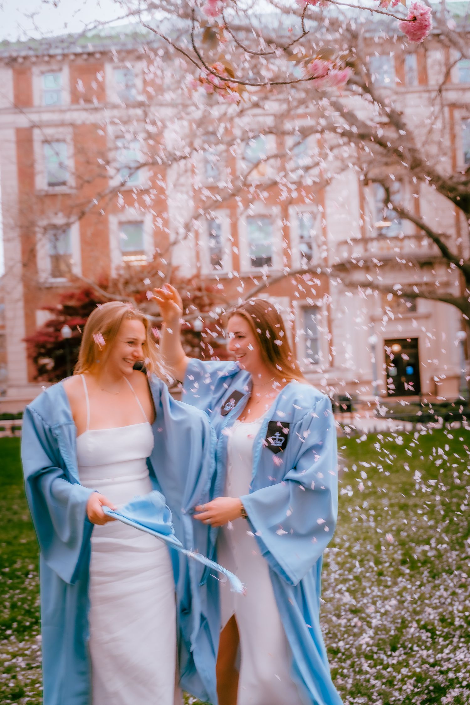 Two graduates in light blue gowns share a joyful moment under cherry blossoms near a brick building.