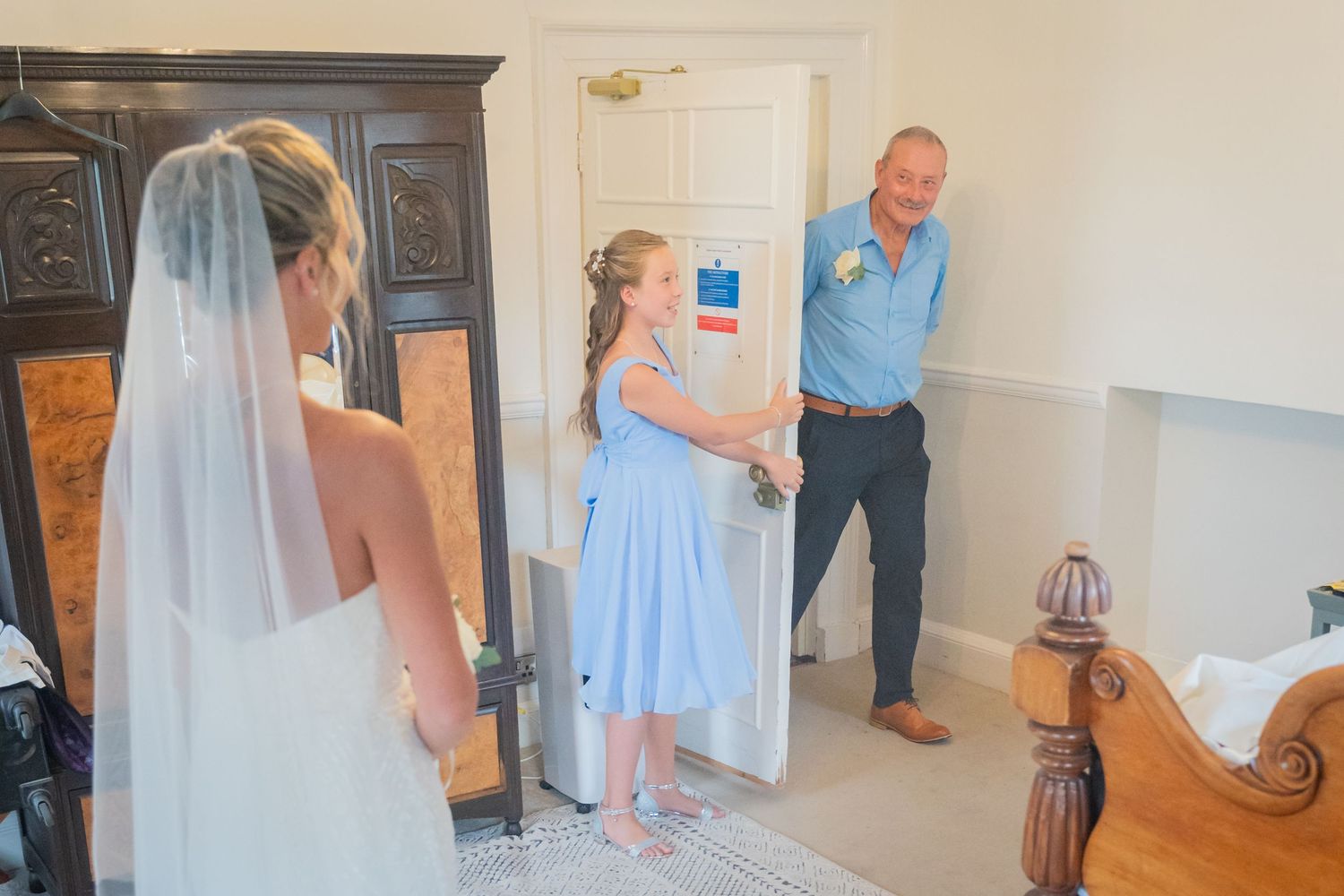 A collage of wedding preparation moments showing people in light blue and white attire getting ready in a bridal suite.