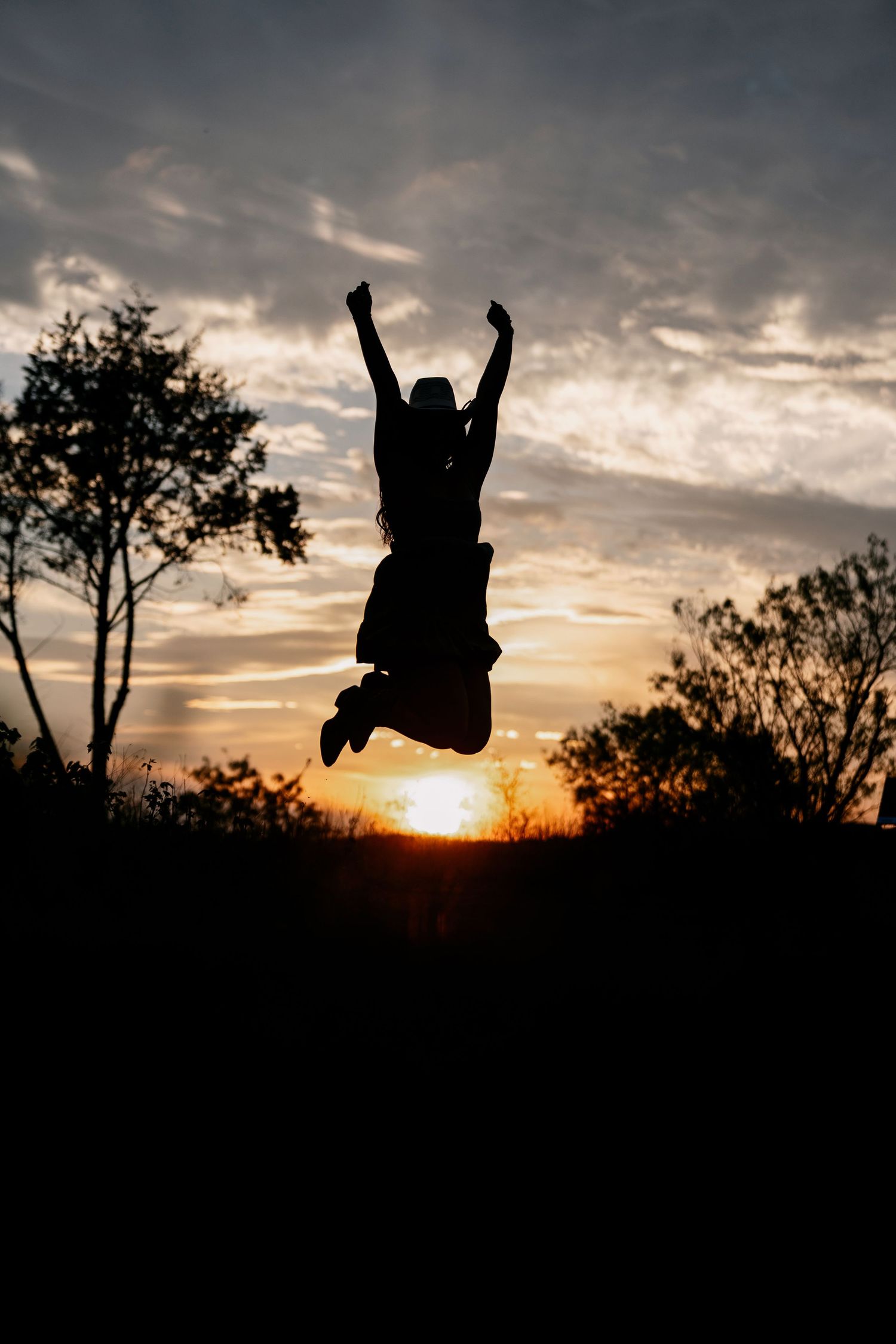 Silhouette of person jumping against dramatic sunset sky with trees.