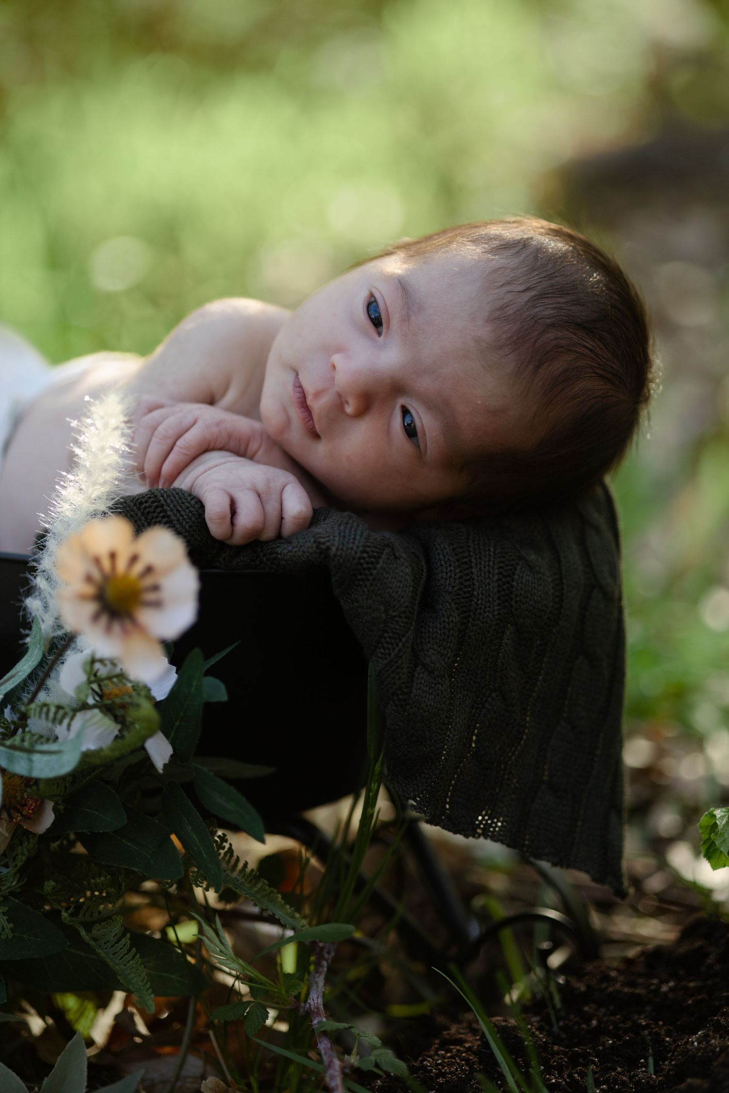 A tender portrait of a young child resting near a delicate white flower.