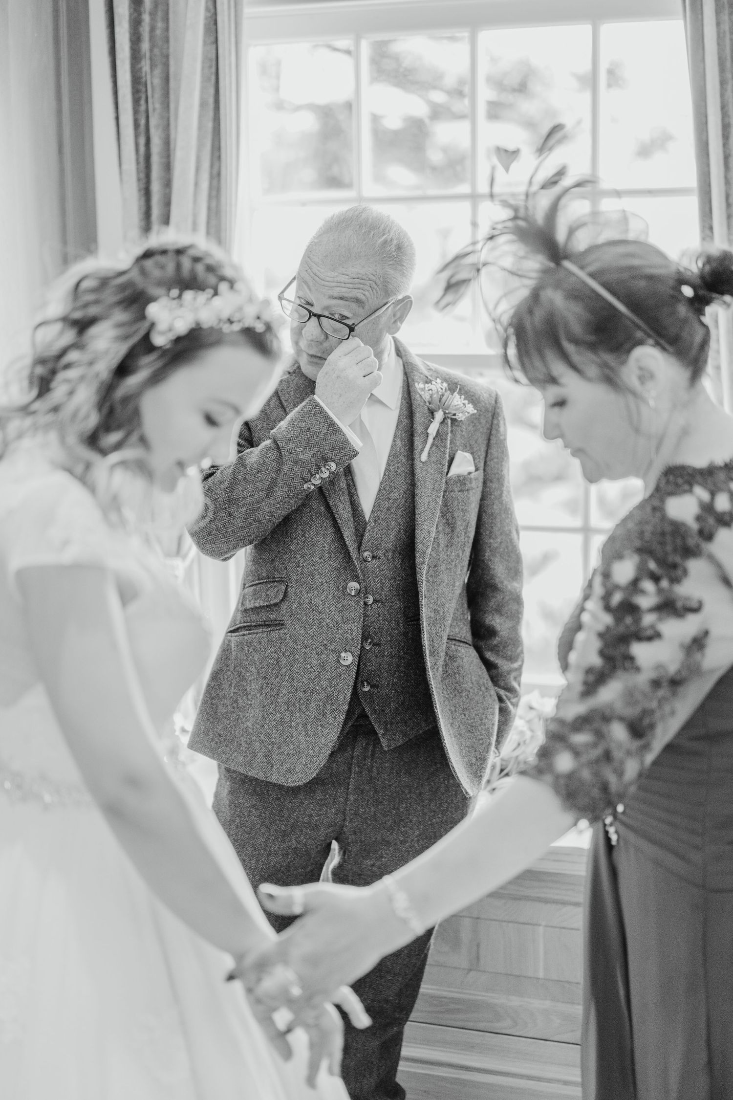Father getting emotional at his daughters wedding dress reveal at Swancar Farm Country House in Nottingham