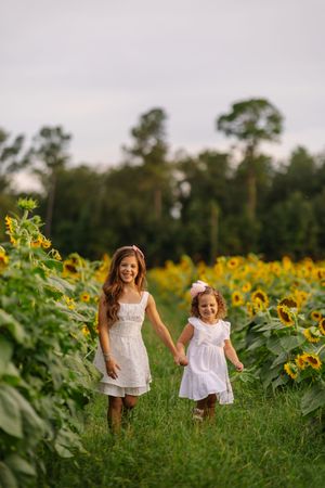 Two children play and laugh together in a vibrant sunflower field during a summer evening.