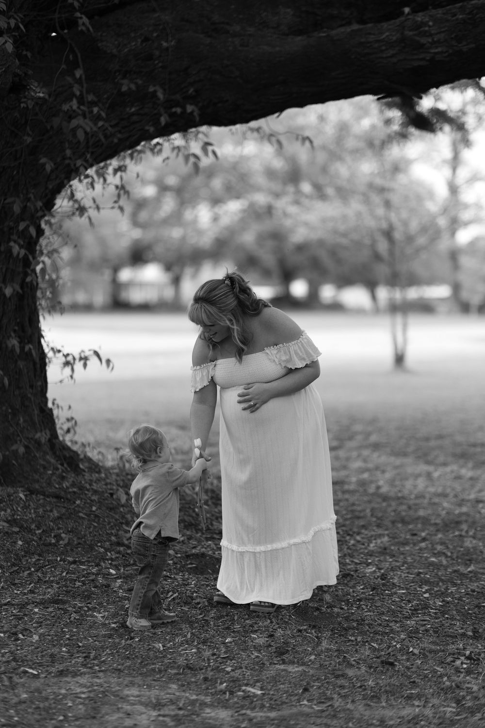 Black and white maternity photo of pregnant woman in white dress with toddler under large tree in park.