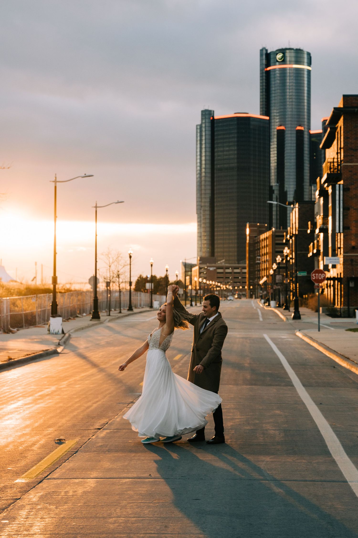 Golden hour Detroit Riverfront bridal portrait.
