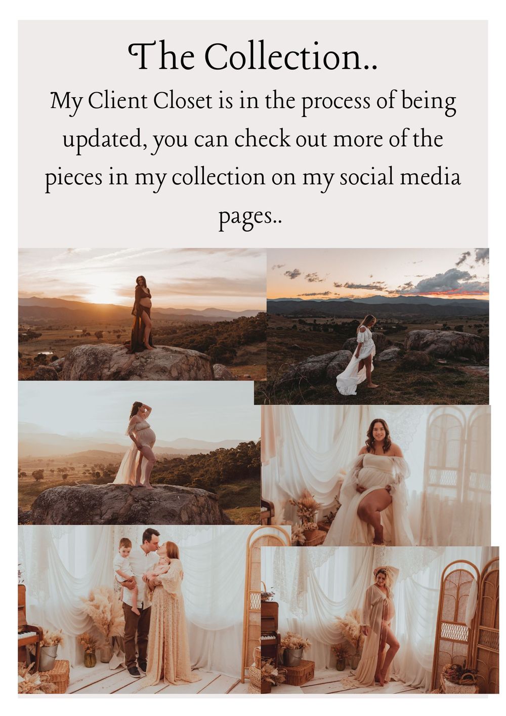 Client closet collection preview showing various maternity and couple photoshoot styles.
