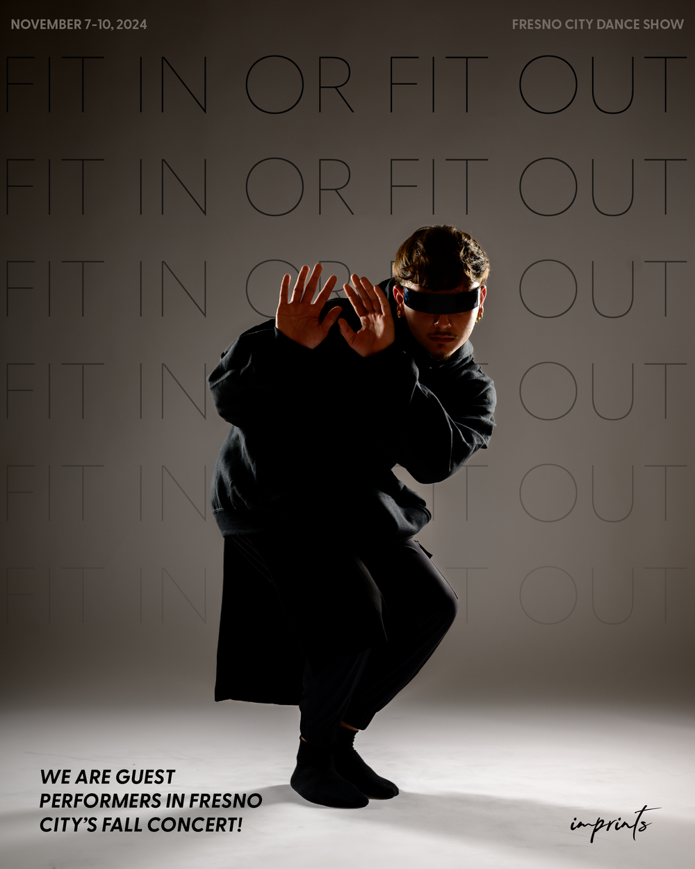 A silhouetted performer in a dark coat crouches dramatically against a light background with repeated text overlay.