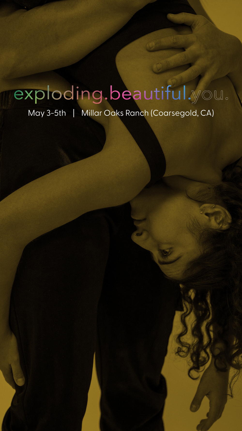 Artistic promotional image for 'Exploding Beautiful You' event at Miller Oaks Ranch showing figure in dramatic dance pose.