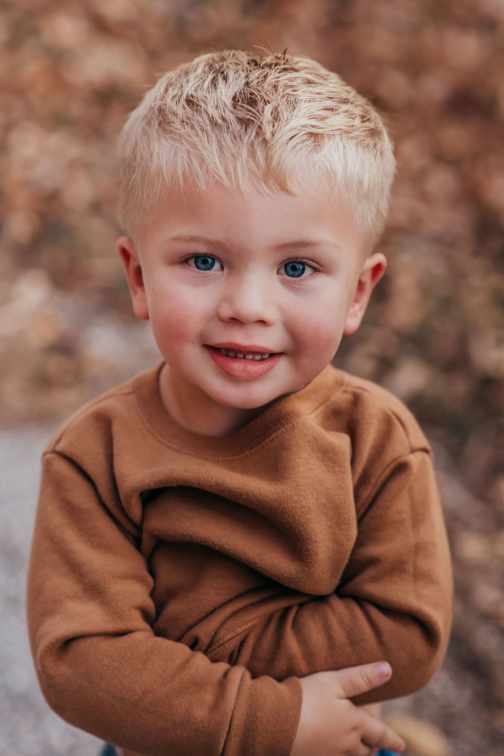 Close up portrait of toddler in brown sweater with autumn background.