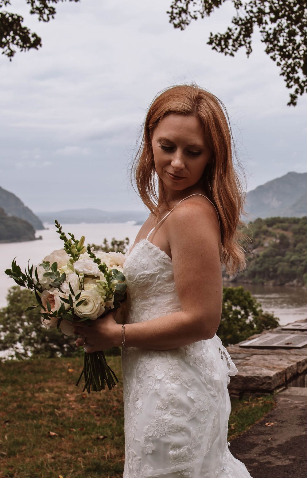 Bridal Portrait at West Point, New York wedding with Hudson River, and mountain views in background