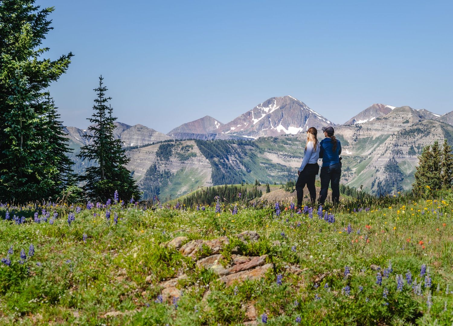Lesbian couple standing on a wildflower-covered alpine ridge, overlooking mountain peaks on a hike in Washington Gulch near Crested Butt
