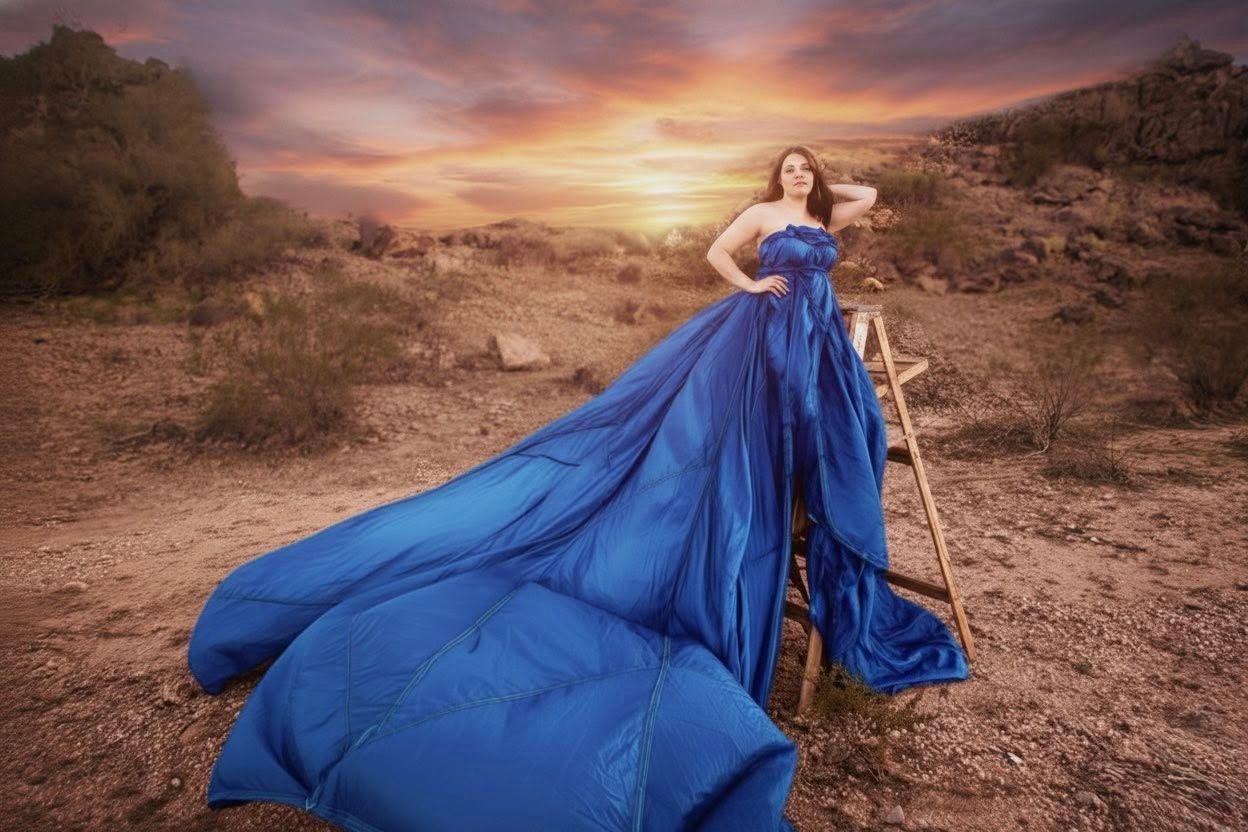Woman in flowing royal blue gown poses on ladder in desert at sunset.