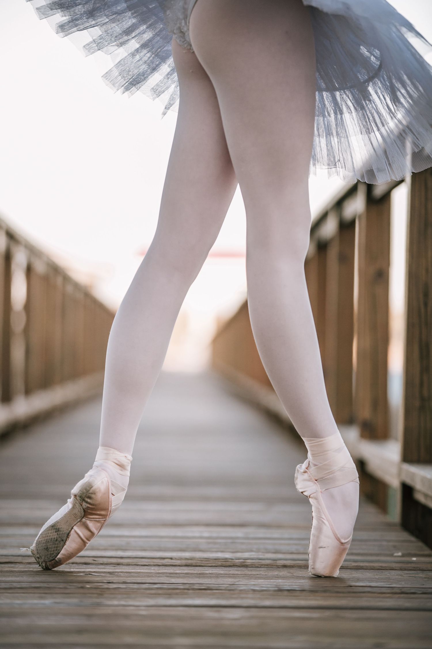 Close-up of beautifully arched ballet dancer's feet in pink pointe shoes and gray tutu on a wooden bridge in dance photography on SC dock.