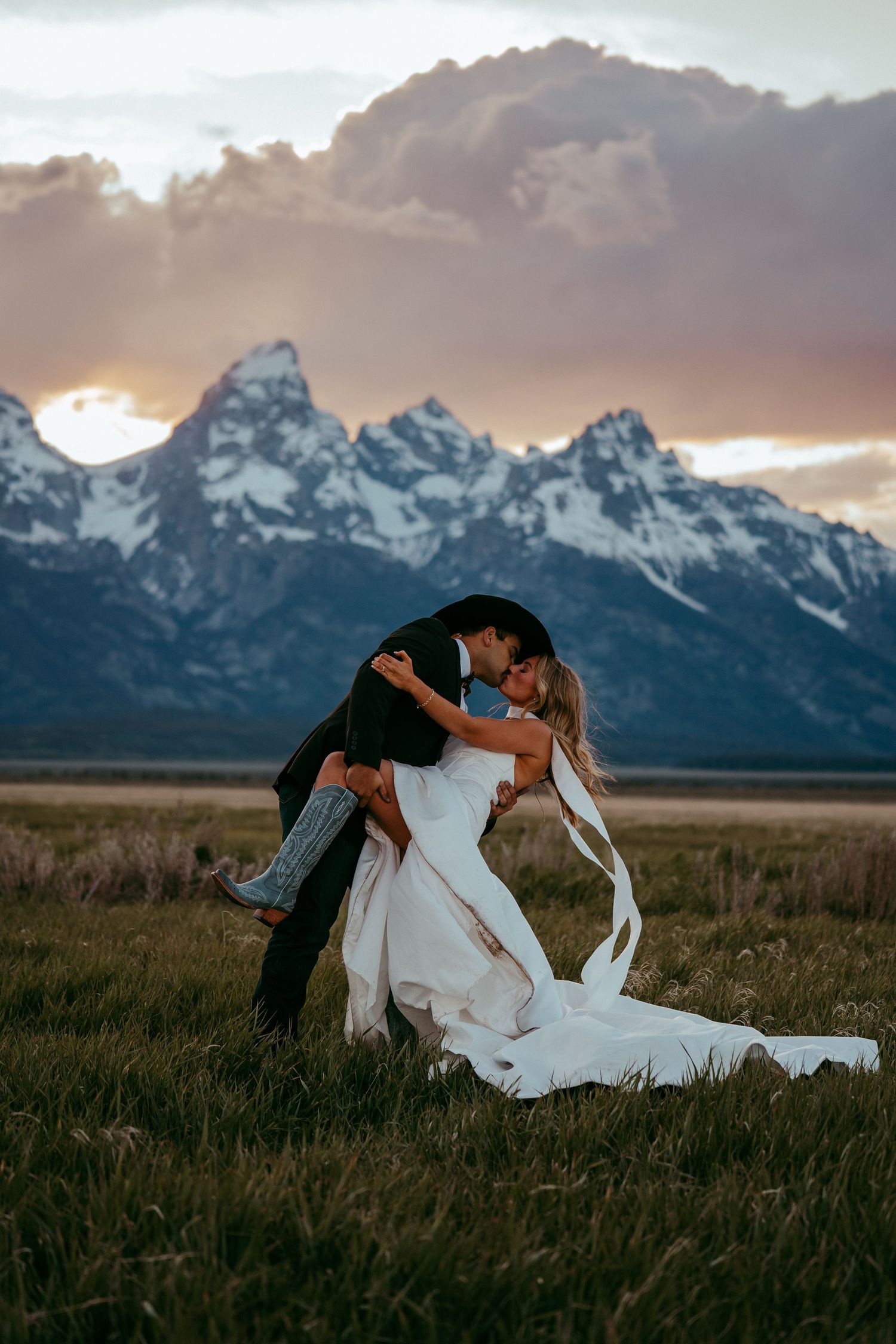 Candid moment between newlyweds during Jackson Hole mountain wedding