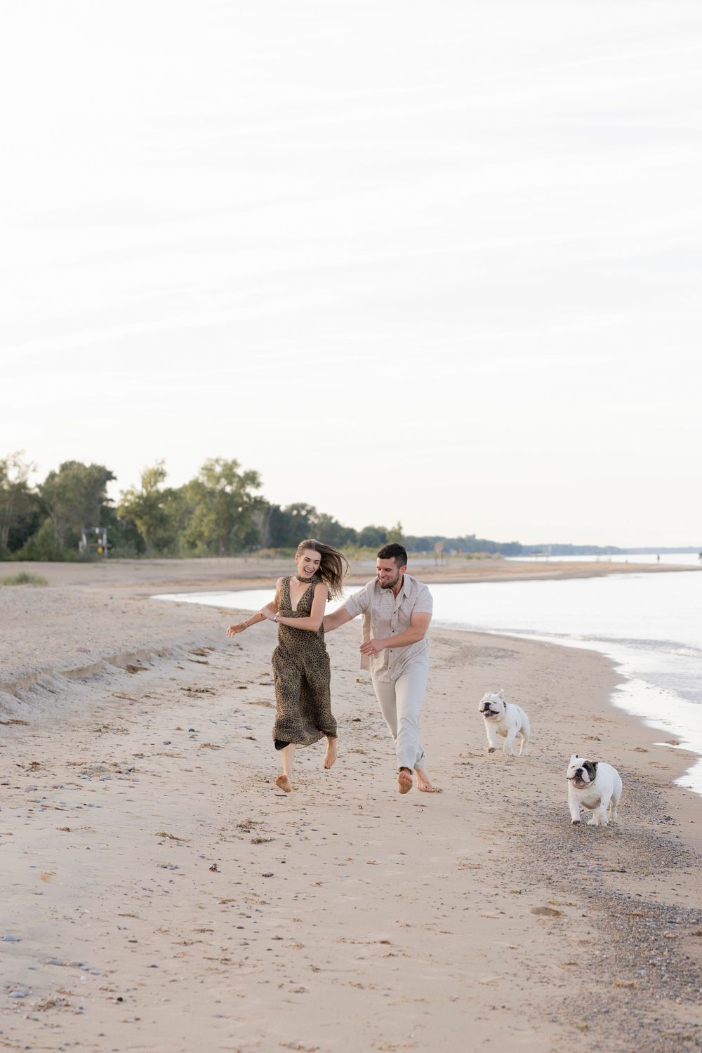 Couple running with their white French Bulldog on a scenic sandy beach during golden hour in michigan with a Oakland county photographer