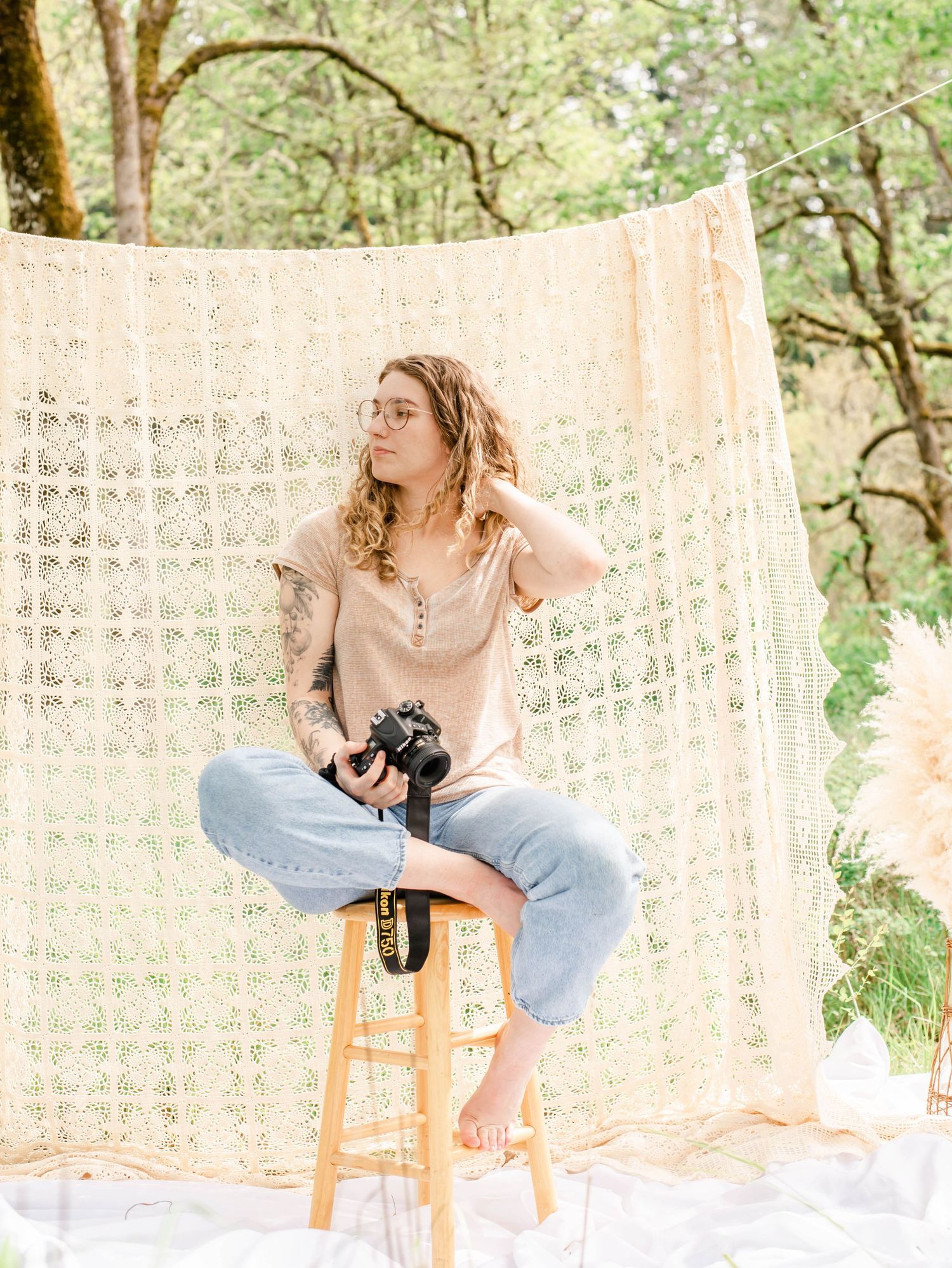Candid photography series with subject posed casually against woven wall backdrop outdoors.