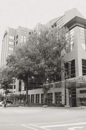 Exterior view of a modern office building with trees and landscaping.