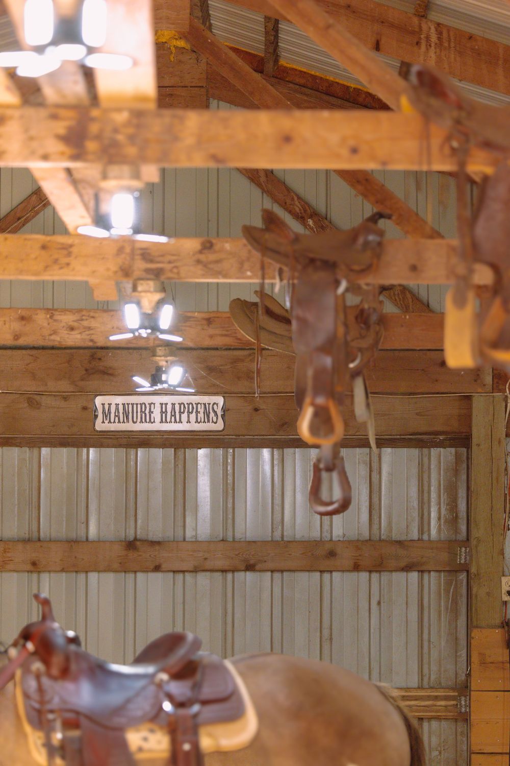Multiple horse saddles mounted on wooden beams in a barn interior with a 'Manure Happens' sign visible.